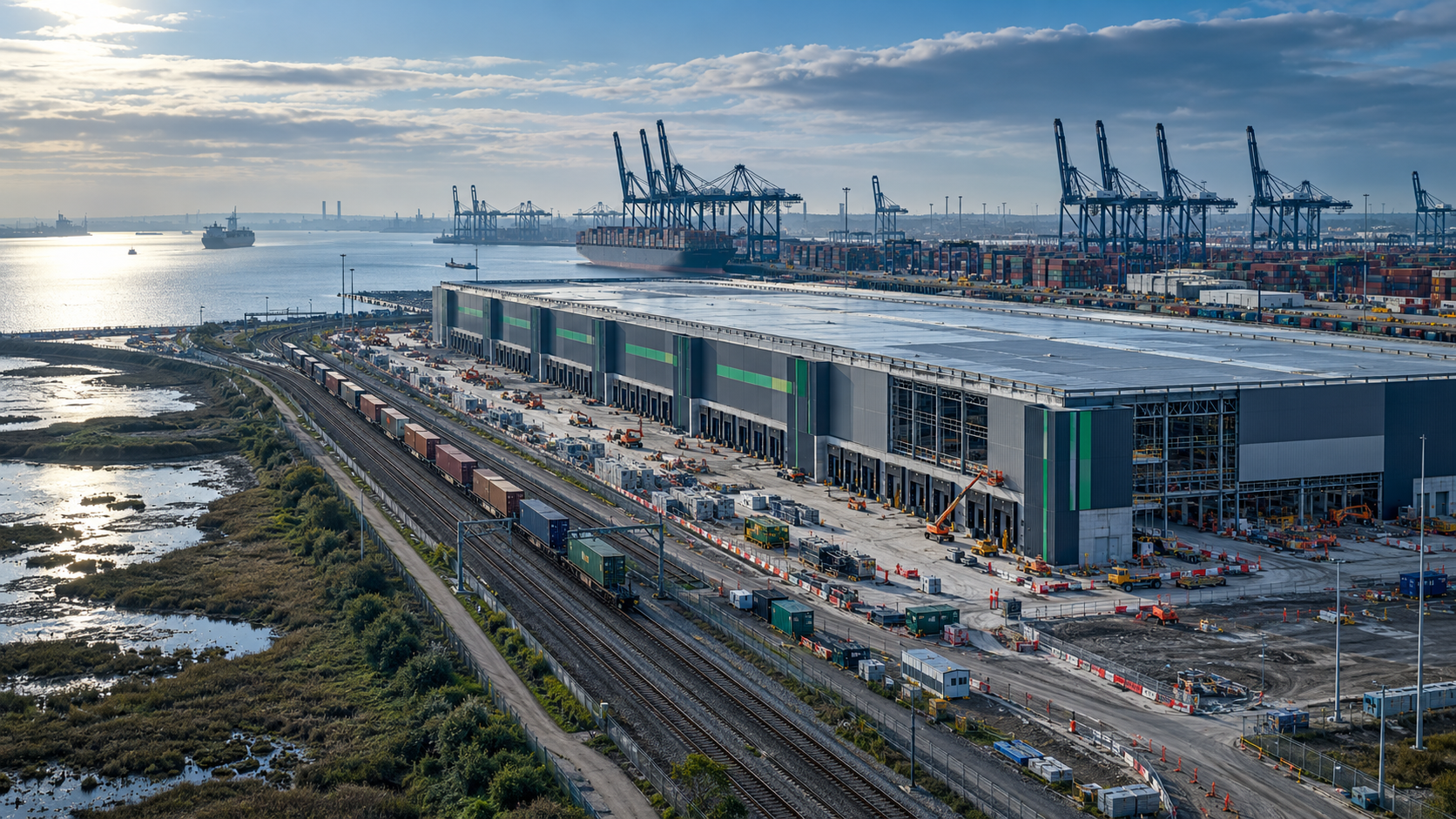 Illustrative global logistics and warehouse corridor